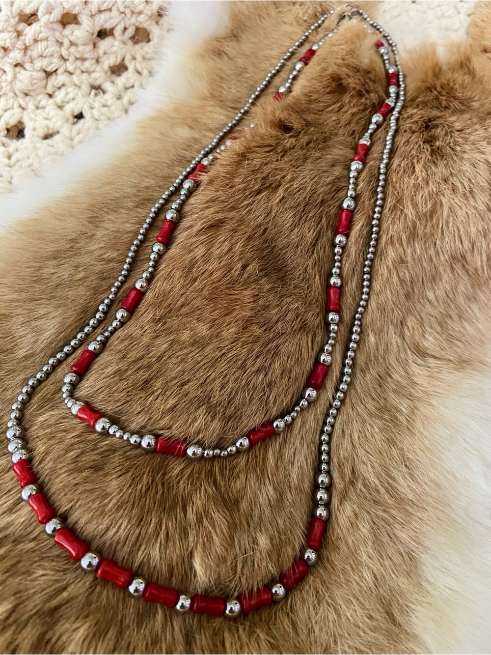 Silver and Red Coral Bead Necklace - Navajo Pearl Style - Stainless Steel
